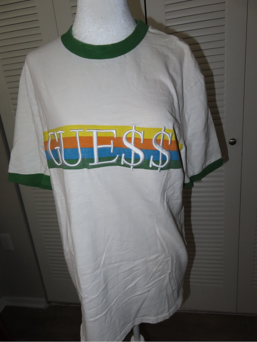 Guess Vintage Tee with Green Trim and Rainbow Accent - Original